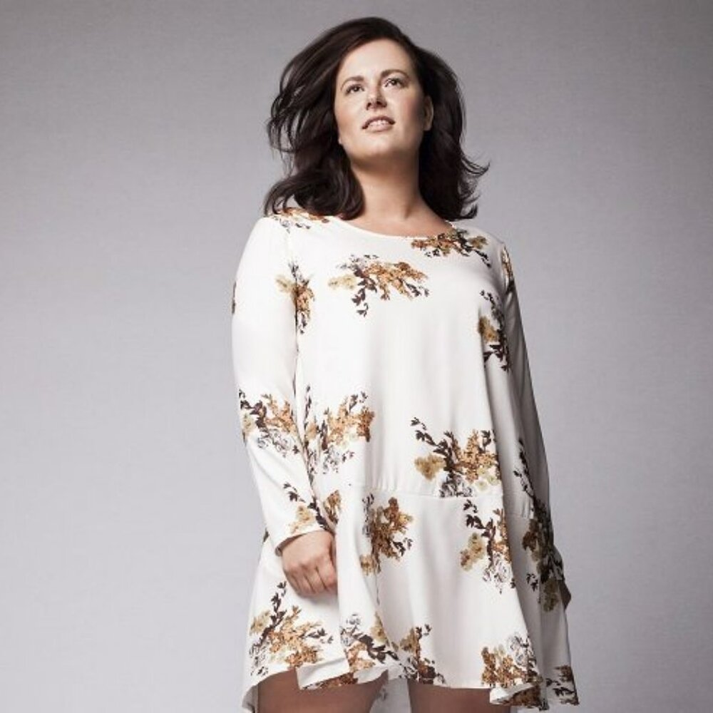 California Moonrise Ivory Brown Floral Swing Dress NWT Long Sleeve Ruffle Hem L
